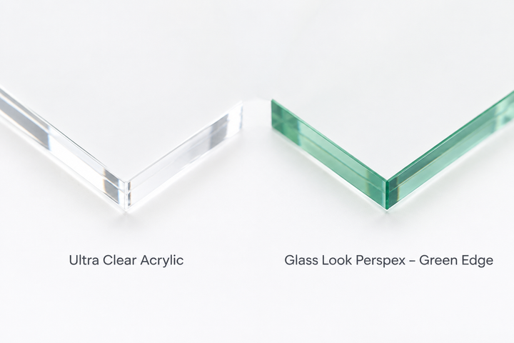 Colour swatch comparison — Clear Acrylic vs Glass Look Perspex