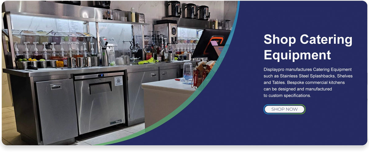 Shop catering equipment – stainless steel splashbacks, shelves and tables