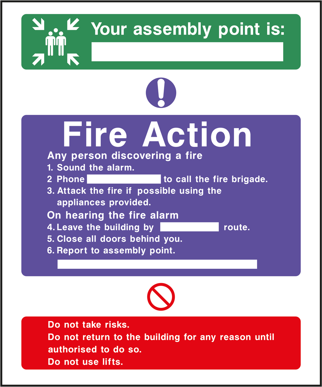 Fire Action Sign 8 - Assorted Sizes