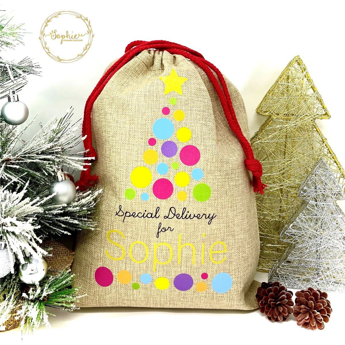 Personalised Santa Sacks Bright Bauble Tree Design Displaypro 2