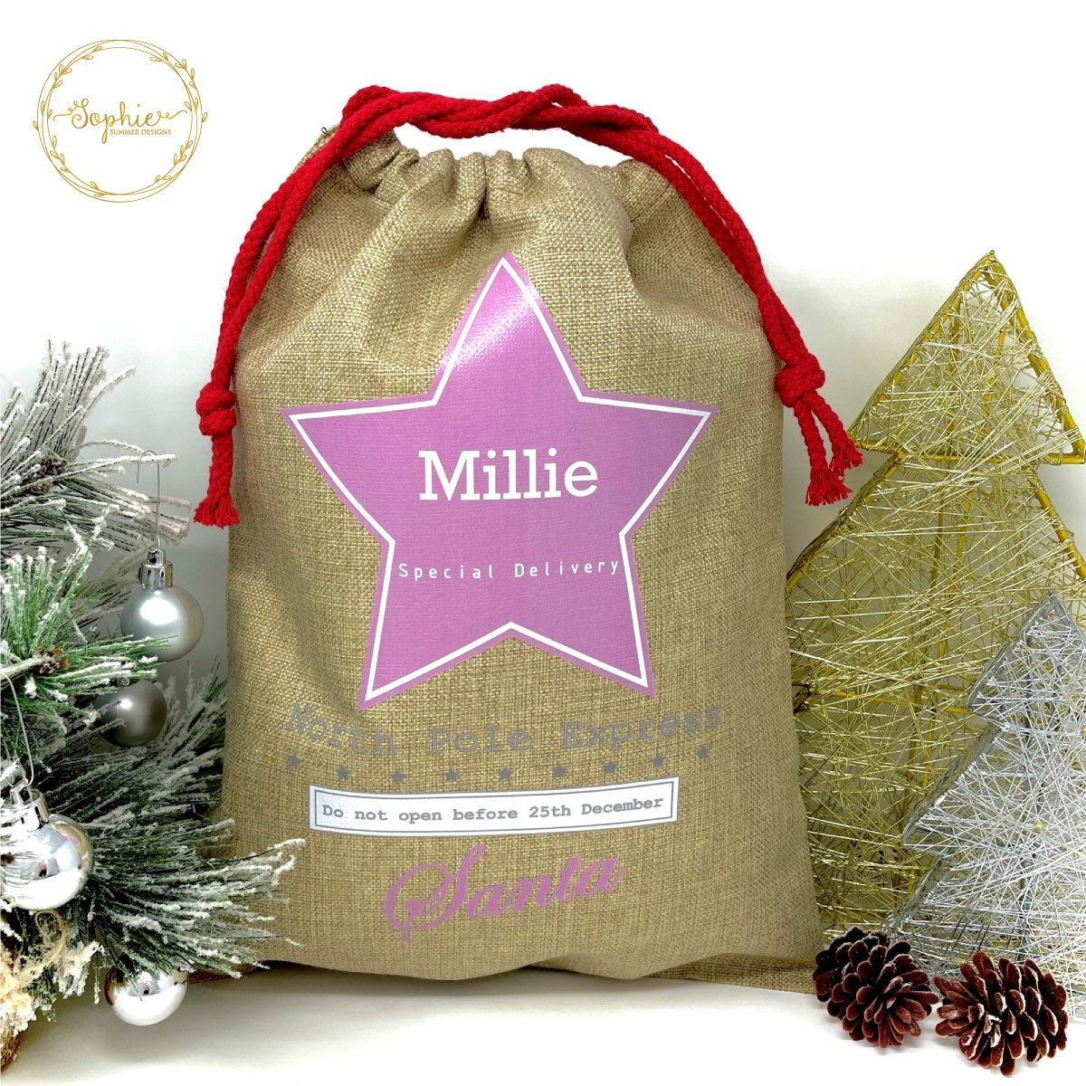 Personalised Santa Sacks Pink Star Design Displaypro 2