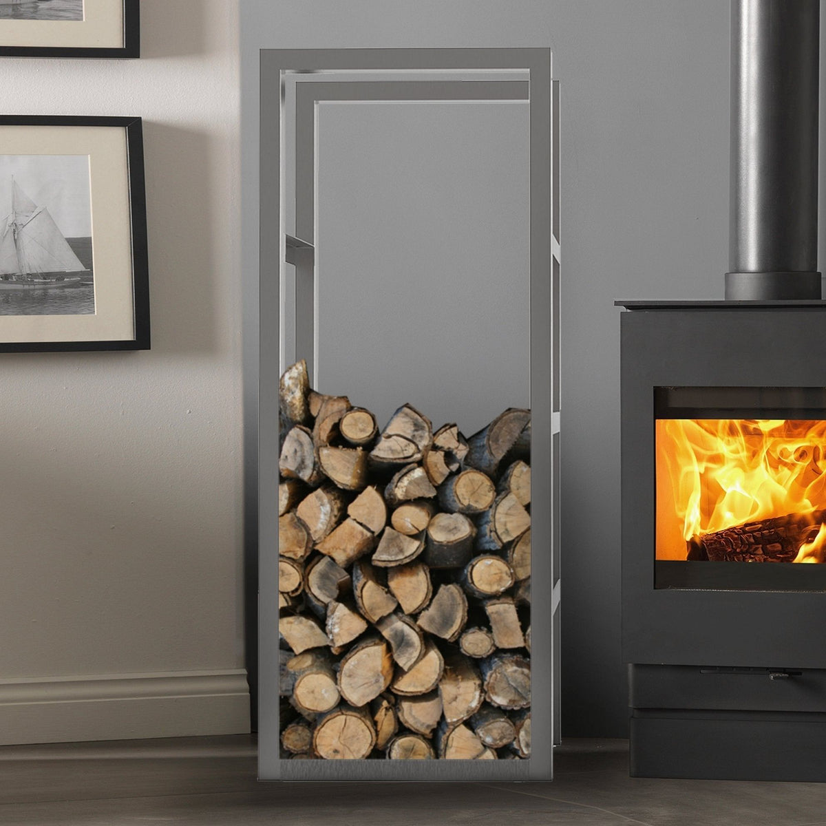 Log Store with Wood Tray Holder in Stainless Steel Displaypro